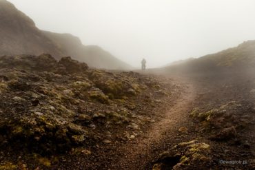 pole lawowe, Krafla, mgła, Islandia, ścieżka, wędrowiec