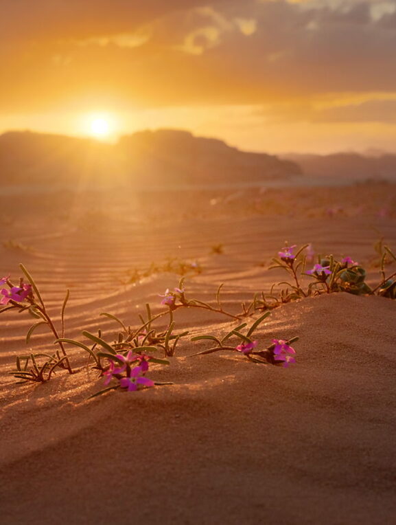 Kwiaty na Wadi Rum o zachodzie słońca, Jordania, fotowyprawa