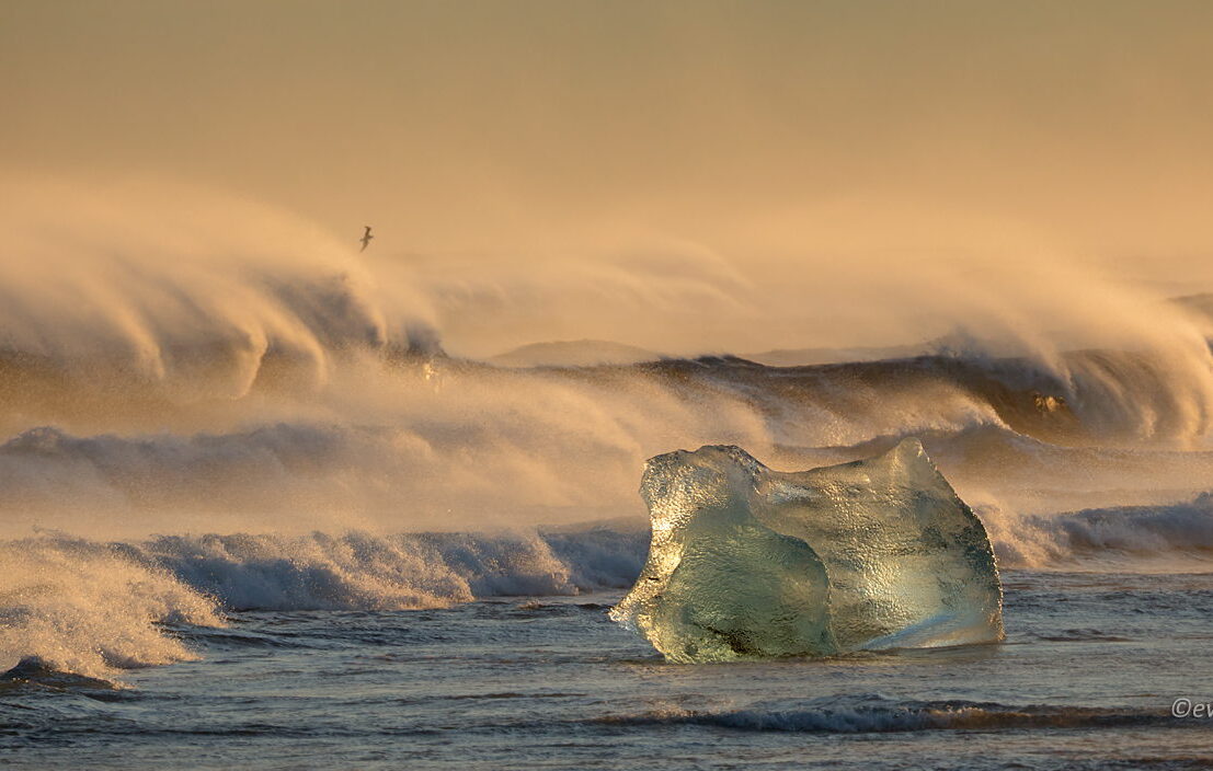 Fale na plaży Jokulsarlon, Islandia