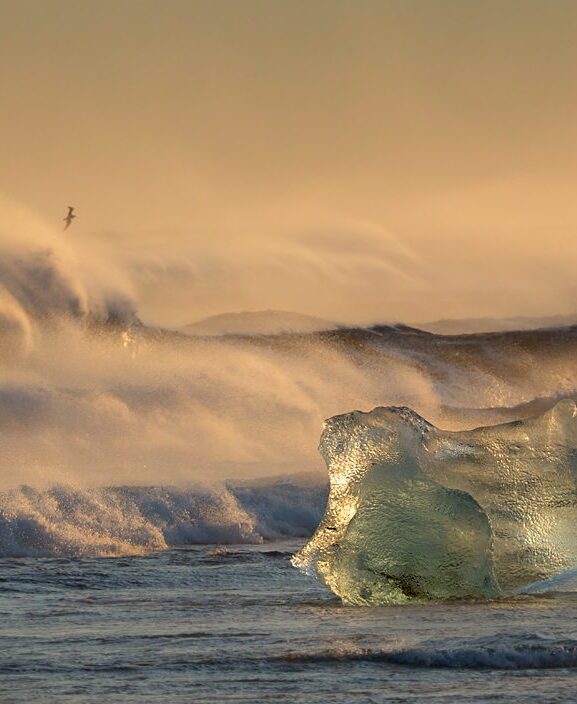 Fale na plaży Jokulsarlon, Islandia