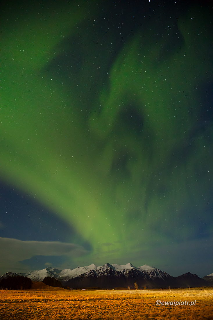 Zorza nad górami, Islandia, fotowyprawa