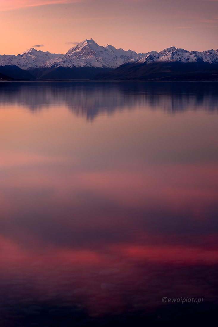 Widok na Aoraki przez jezioro Pukaki, Nowa Zelandia, fotowyprawa