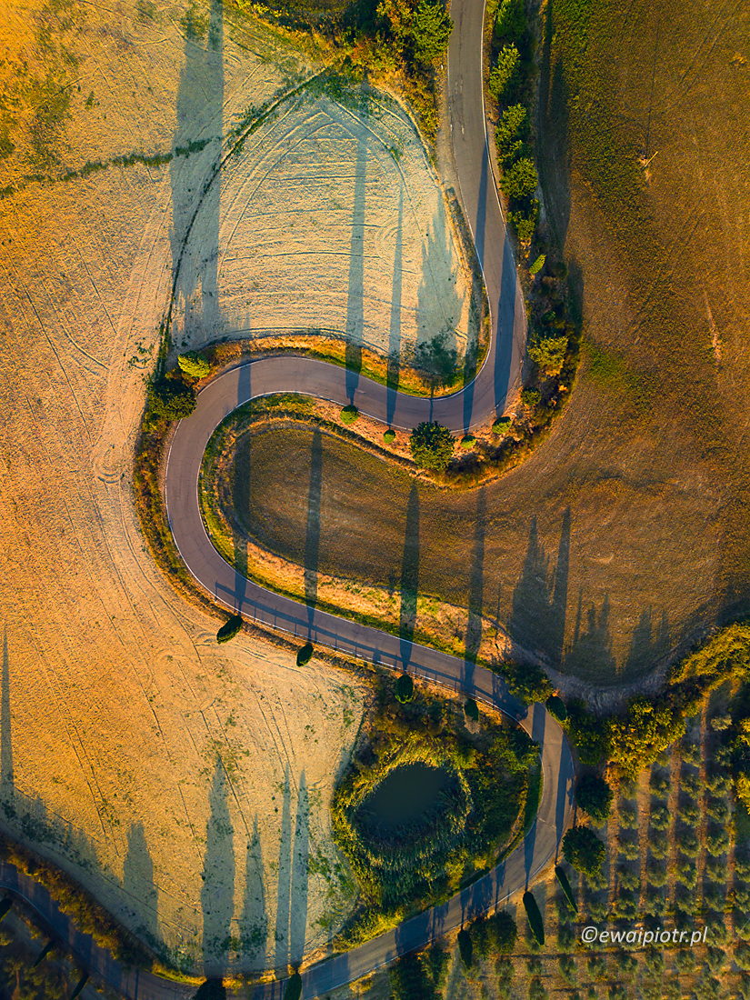 Serpentyna wśród cyprysów, Toskania, z drona, DJI Mini 3, fotowyprawa